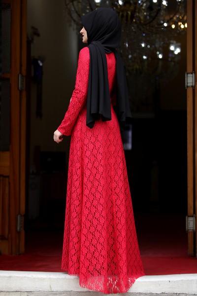 Hira Dantel Elbise - Kırmızı - Piennar